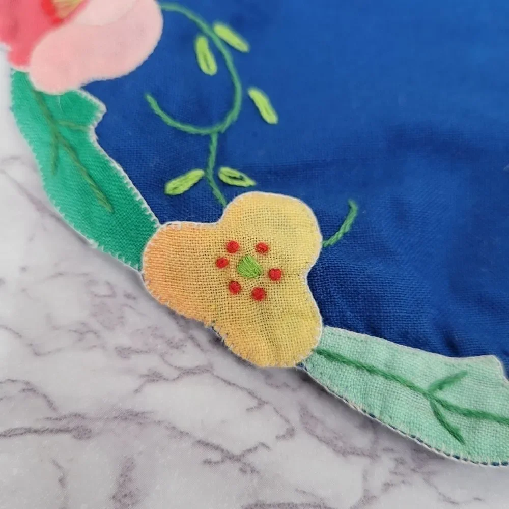 Vintage Placemat Set Red and Blue with Hand Embroidered Flowers Leaves 4pc
